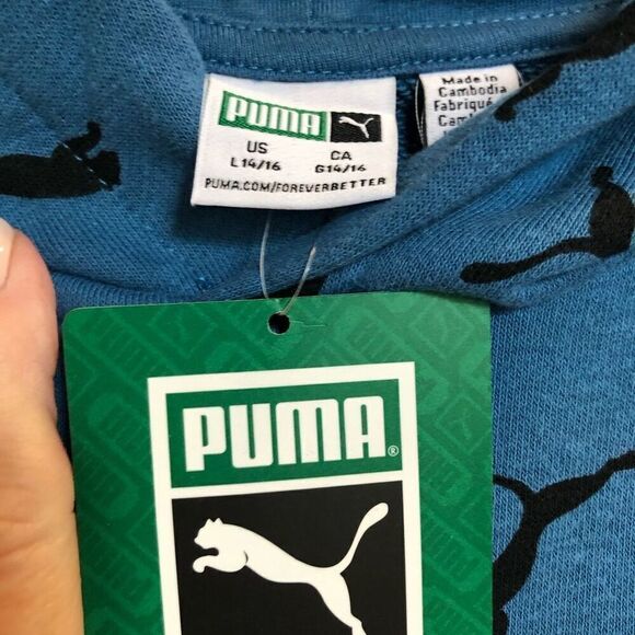 PUMA 🎉HPX4 🎉Youth S L (14-16) French Terry All-Over-Logo Hoodie/Blue/Unisex/NWT - Picture 8 of 15